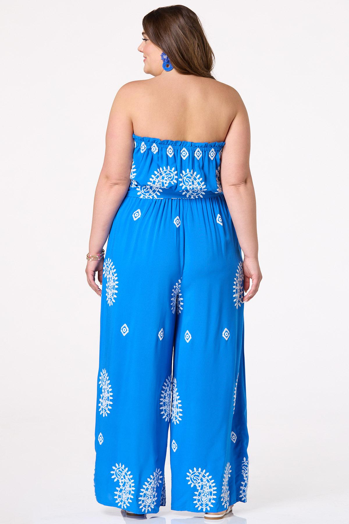Plus Size Strapless Puff Paisley Jumpsuit