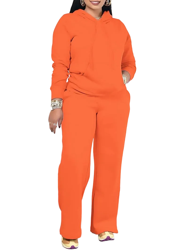 Women's solid color drawstring hoodie and high-waisted pants set