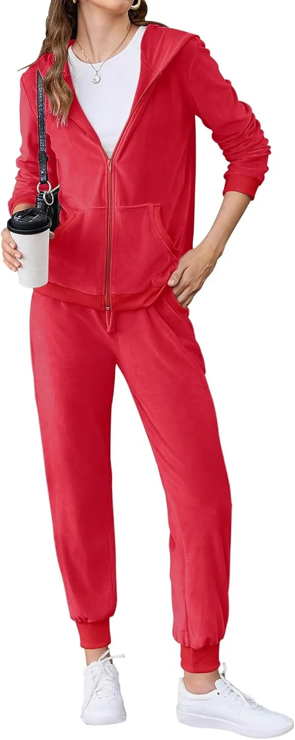 Women's Casual Velour Tracksuit Set Full Zipper Hoodie