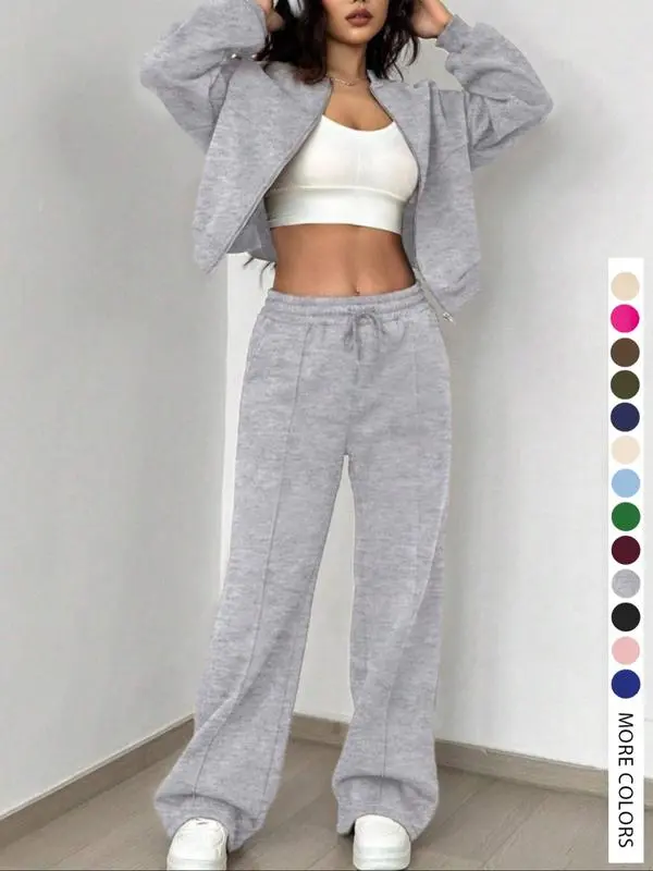 Two-piece Set Women's Solid Zip Up Drop Shoulder Jacket & Pocket Elastic Waist Pants