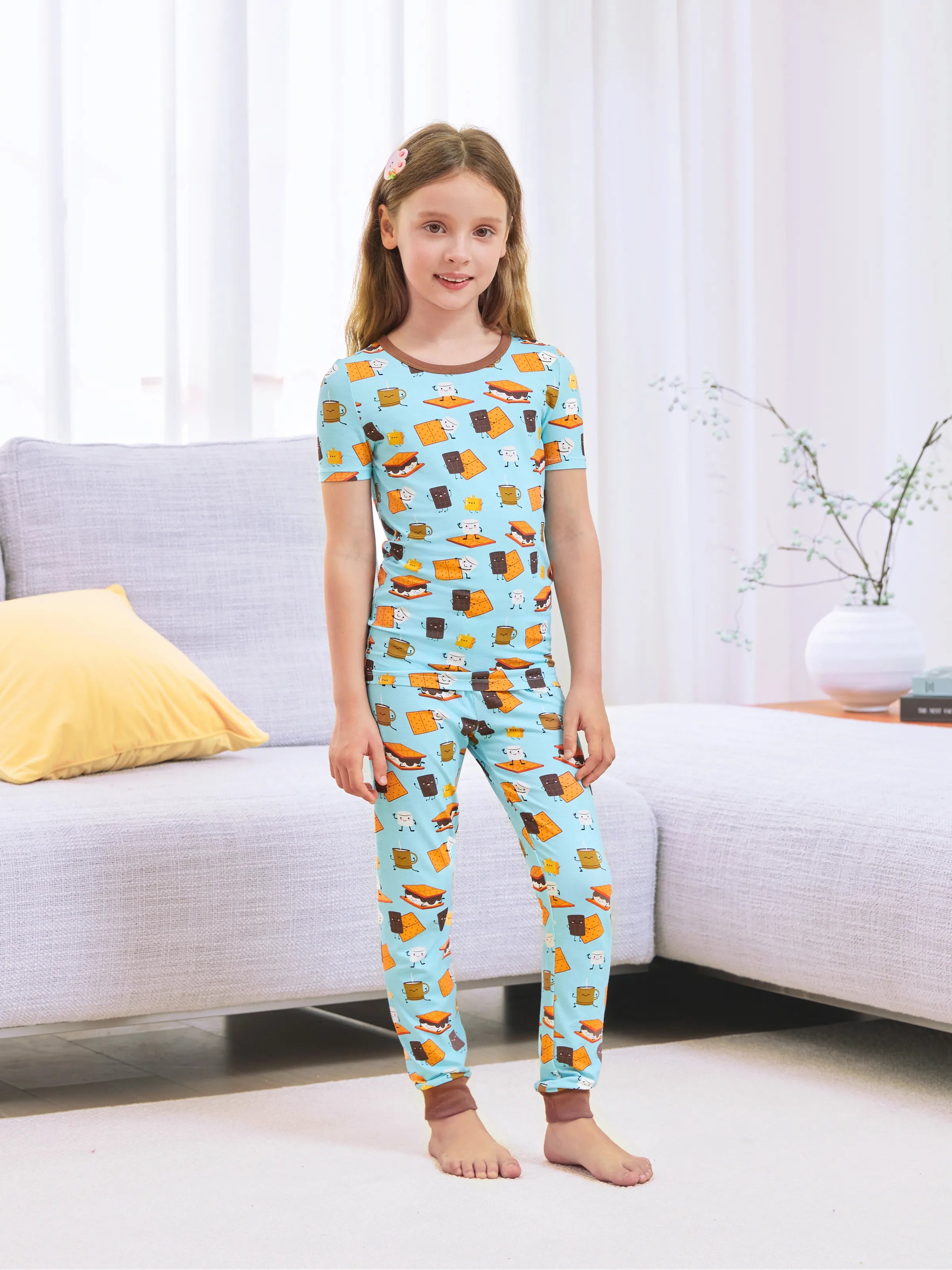 Bamboo Family PJs Cute Print Short Sleeve & Long Pants Sleepwear Matching Pajama set (Snug-Fitting for Children) Green
