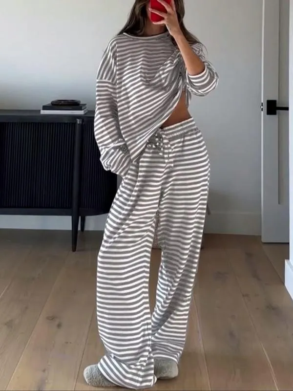 Women's Casual Striped Long Sleeve Top & Pants Set