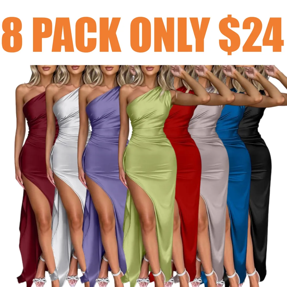 Women's Sexy One-Shoulder Satin High-Slit Long Formal Dress