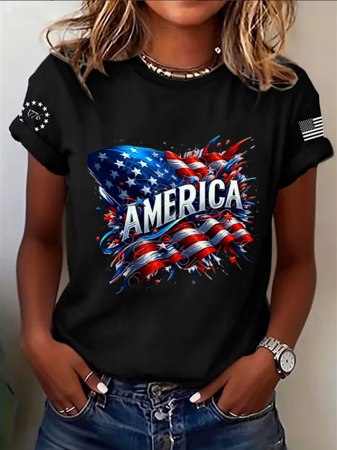 Women's Short Sleeve T-shirt Summer Black Independence Day (Flag) Printing Jersey Crew Neck Daily Going Out Casual Top