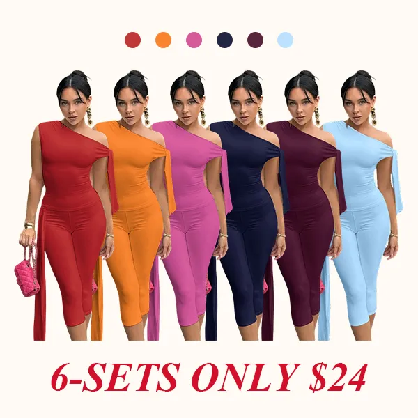 Women's Solid Asymmetrical Neck Knot Design Top & High Waist Capri Pants Two-piece Set