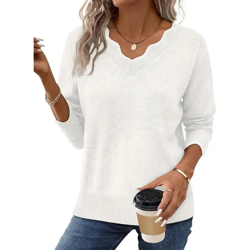 Women's Soft V-Neck Pullover Sweater Lightweight Knit Top for Layering Casual Apricot Longsleeves