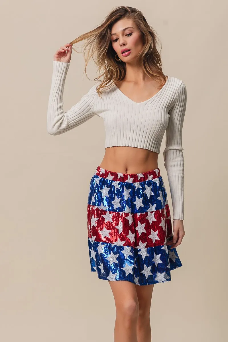 American Flag Theme Star Sequin Tiered Skirt