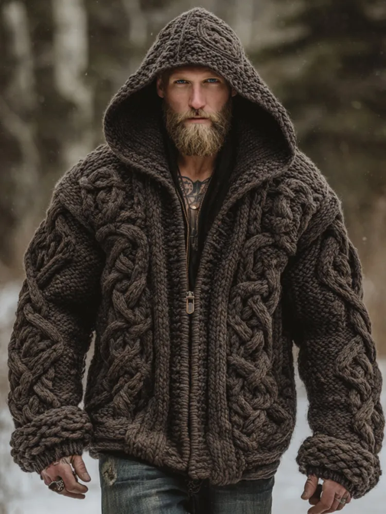 Men's Vintage Viking Celtic Knot Art Chunky Knit Hooded Zip-up Sweater