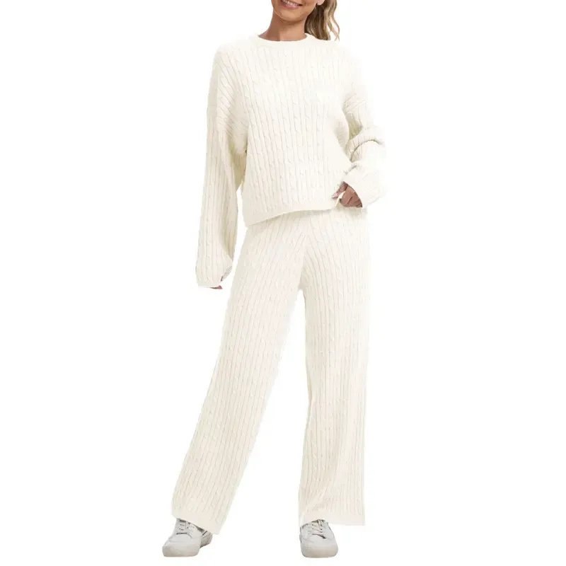Women's Cable KnitBLACK FRIDAYSweater Lounge Set-Long Sleeve Pullover Top &High-Waisted Wide Leg Pants, Cozy 2-PieceOutfit for Fall & Winter