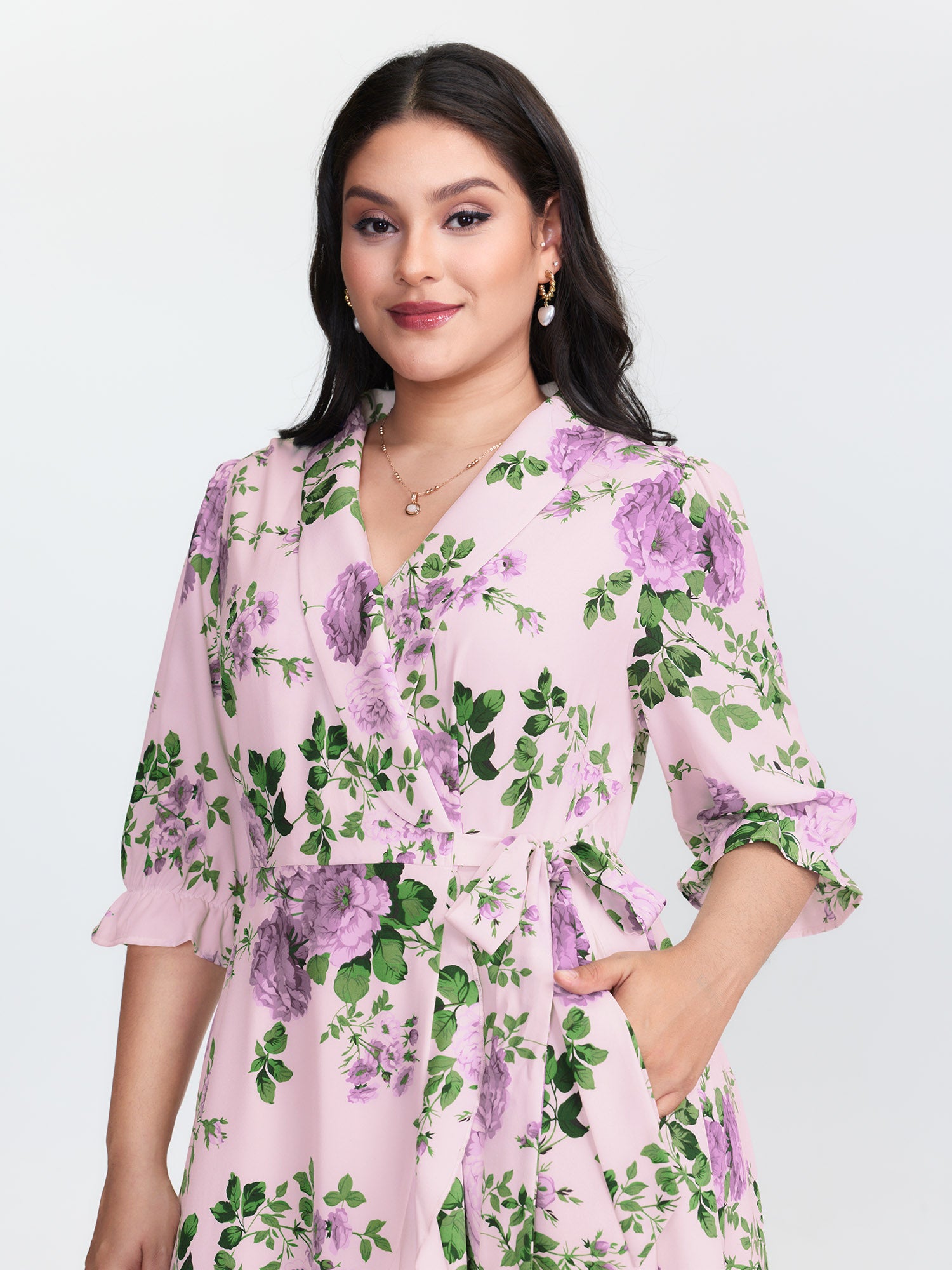 Large Floral Print Wrap Pockets Midi Dress