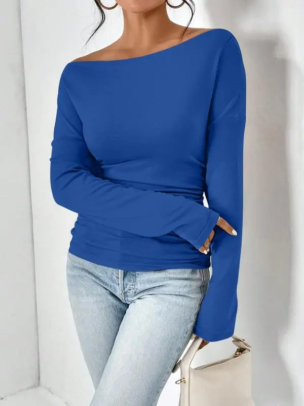 Women's Plain Ruched Asymmetrical Neck Drop Shoulder Tee