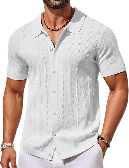 Men's Knit Button Down Shirts Short Sleeve Polo Shirt Casual Vacation Summer Beach Shirts