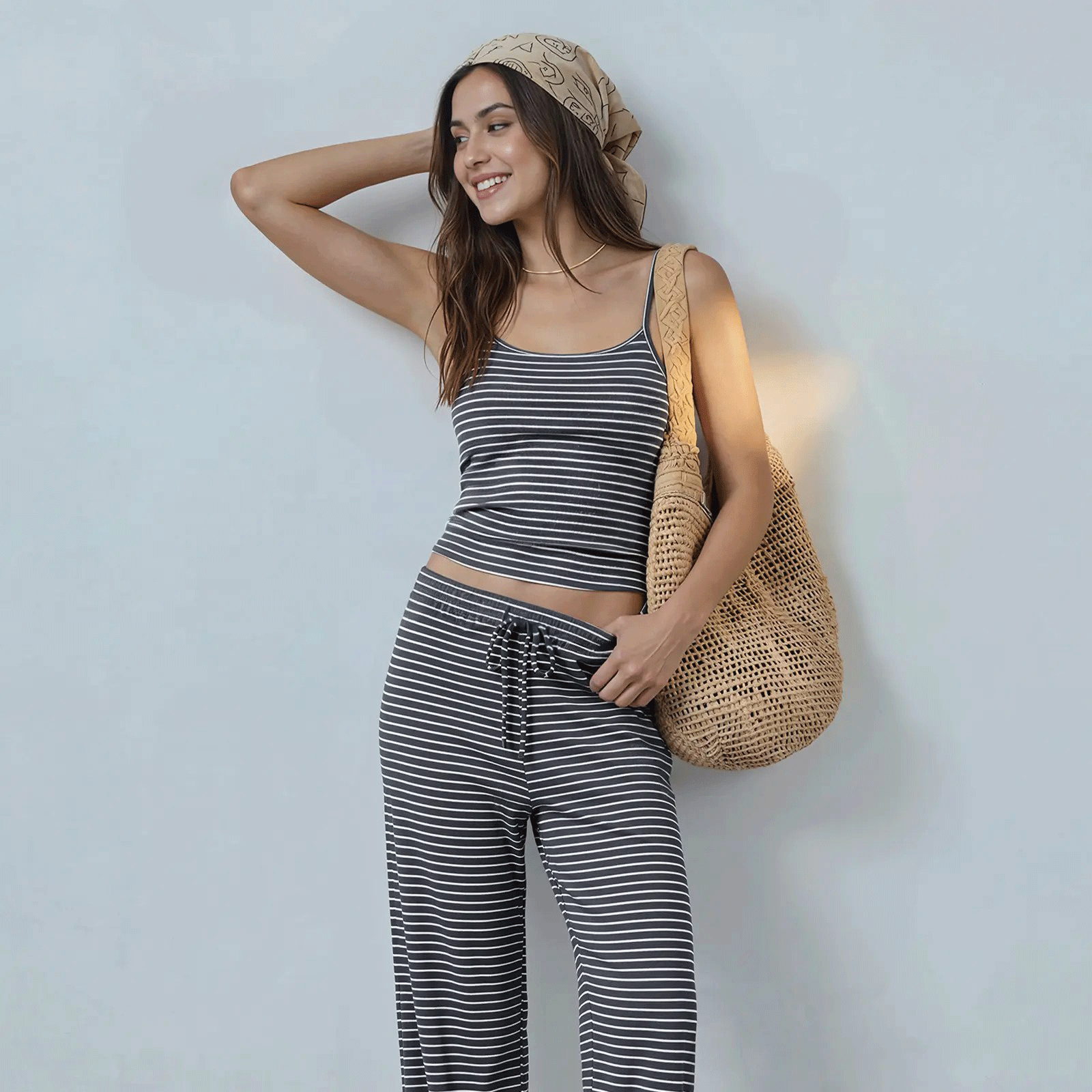 Women’s Striped Tube Top & Wide Leg Pants Set – Casual Chic Lounge Two-Piece Outfit