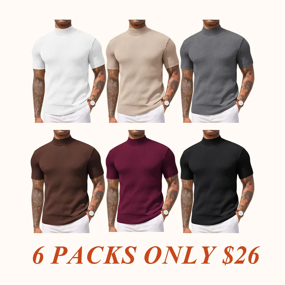 Men's Mock Turtleneck Sweater Short Sleeve Casual Basic Tops Ribbed Knit Pullover Solid Tee(100%Polyester)