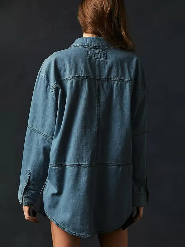 Women's Denim Pullover Casual Loose Fit V Neck Blouse