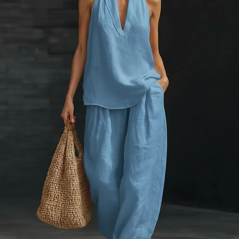 Two Piece Set - Perfect for Beach, Vacation & Brunch! Halter Neck Sleeveless Top Wide Leg Pants Set