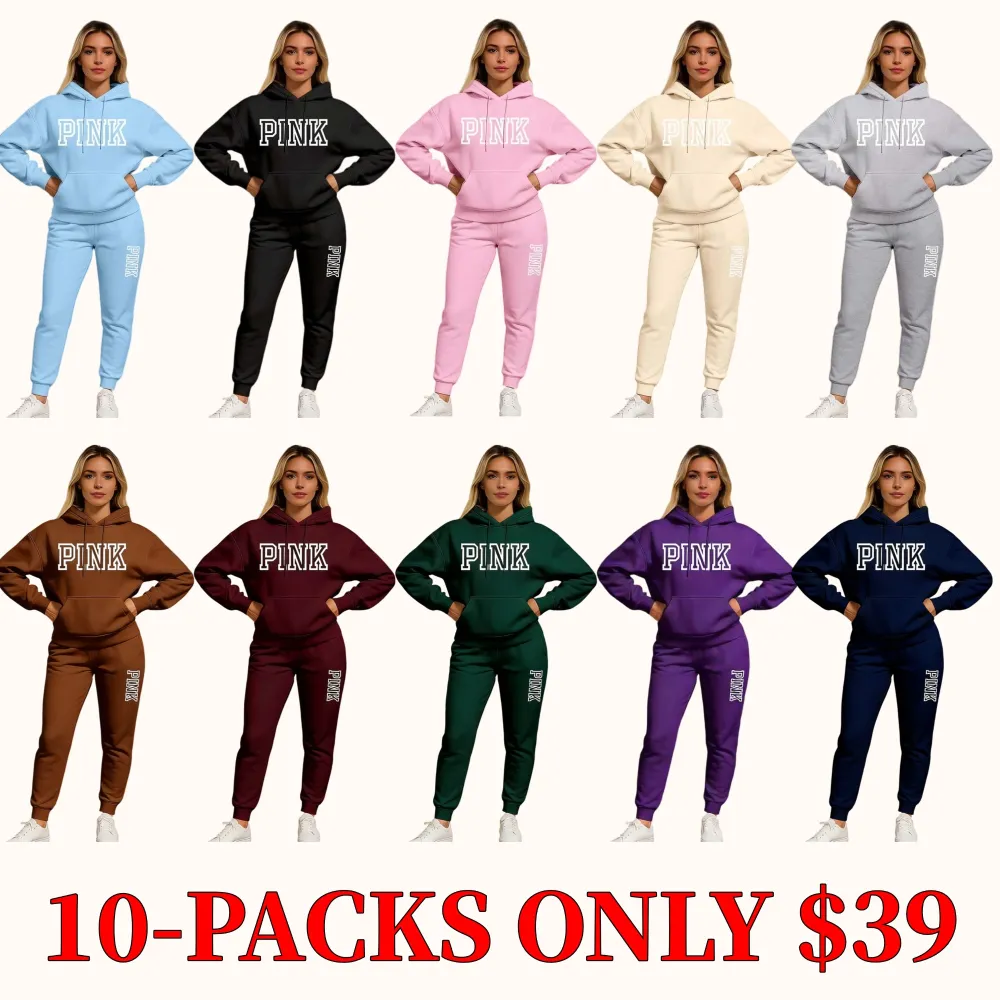 Women's pink printed hooded sweatshirt and drawstring sweatpants set