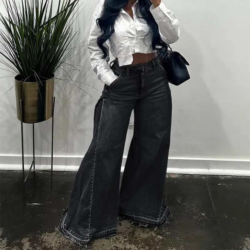 Women Flared Wide Side Loose Jeans High Waist