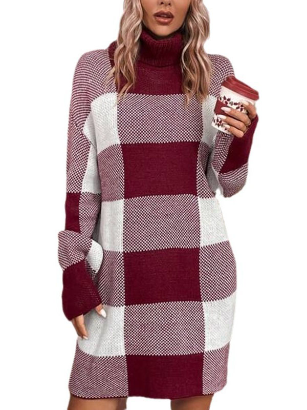 Contrast Color Plaid Long Sleeves Loose High Neck Sweater Dresses Mini Dresses