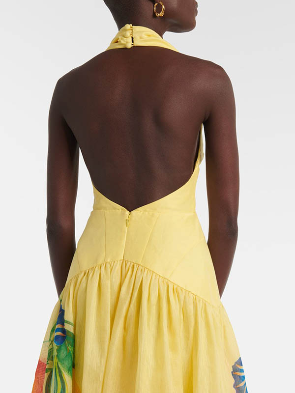 Flower Printed Sleeveless Halterneck Deep V-Neck Maxi Dresses