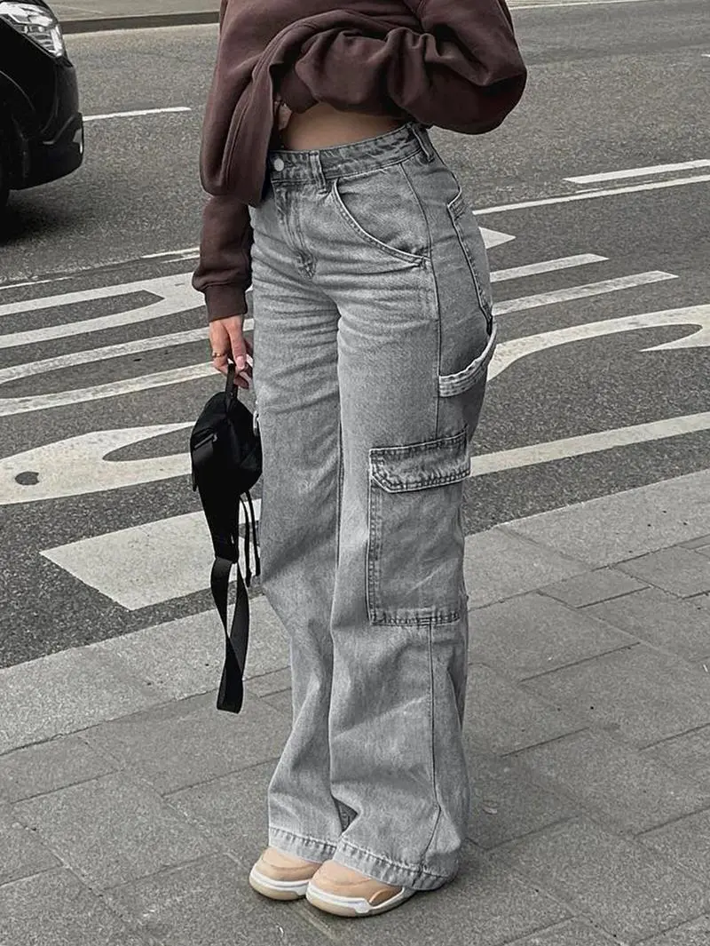 Women's High Waist Cargo Jeans with 6 Pockets, Wide Leg Baggy Denim Pants for Casual Street Style