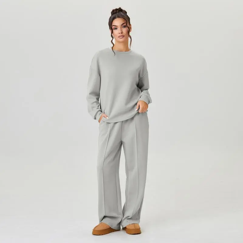 Women's Casual Solid Color Loose Long Sleeve Top & Exposed Stitches Trousers Co-ord