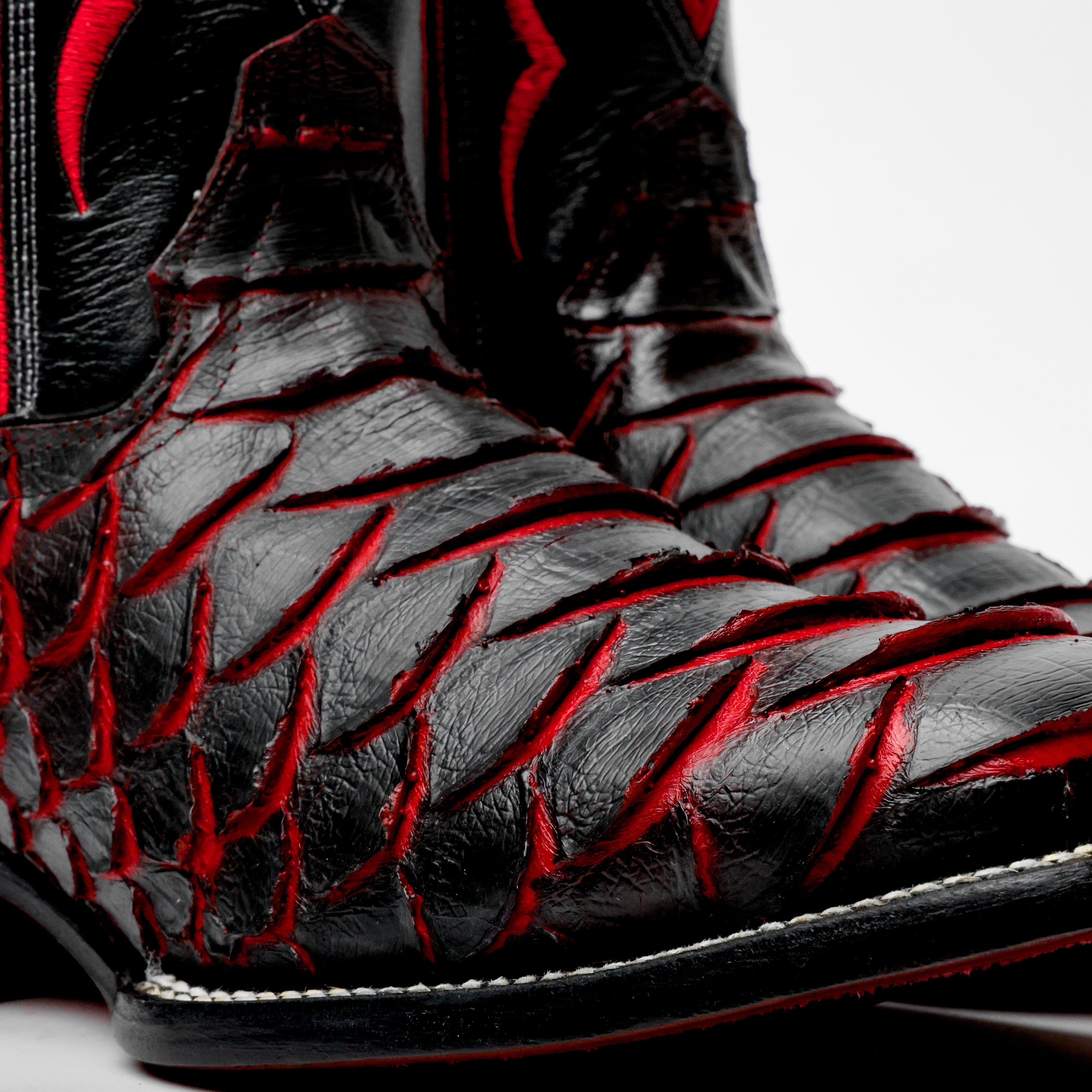 Black/Red Jumbo Python Leather Boots - Square Toe
