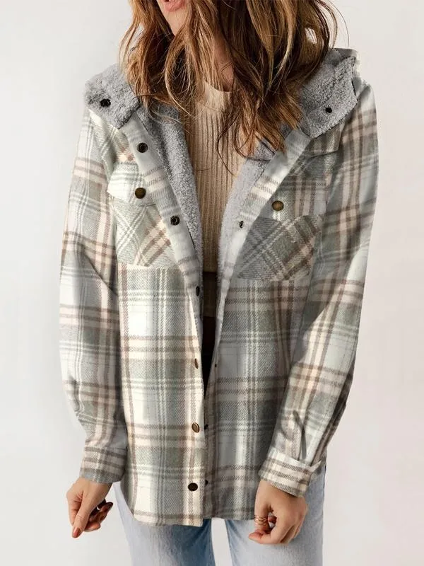 Women's Plaid / Houndstooth Print Button Front Hooded Coat