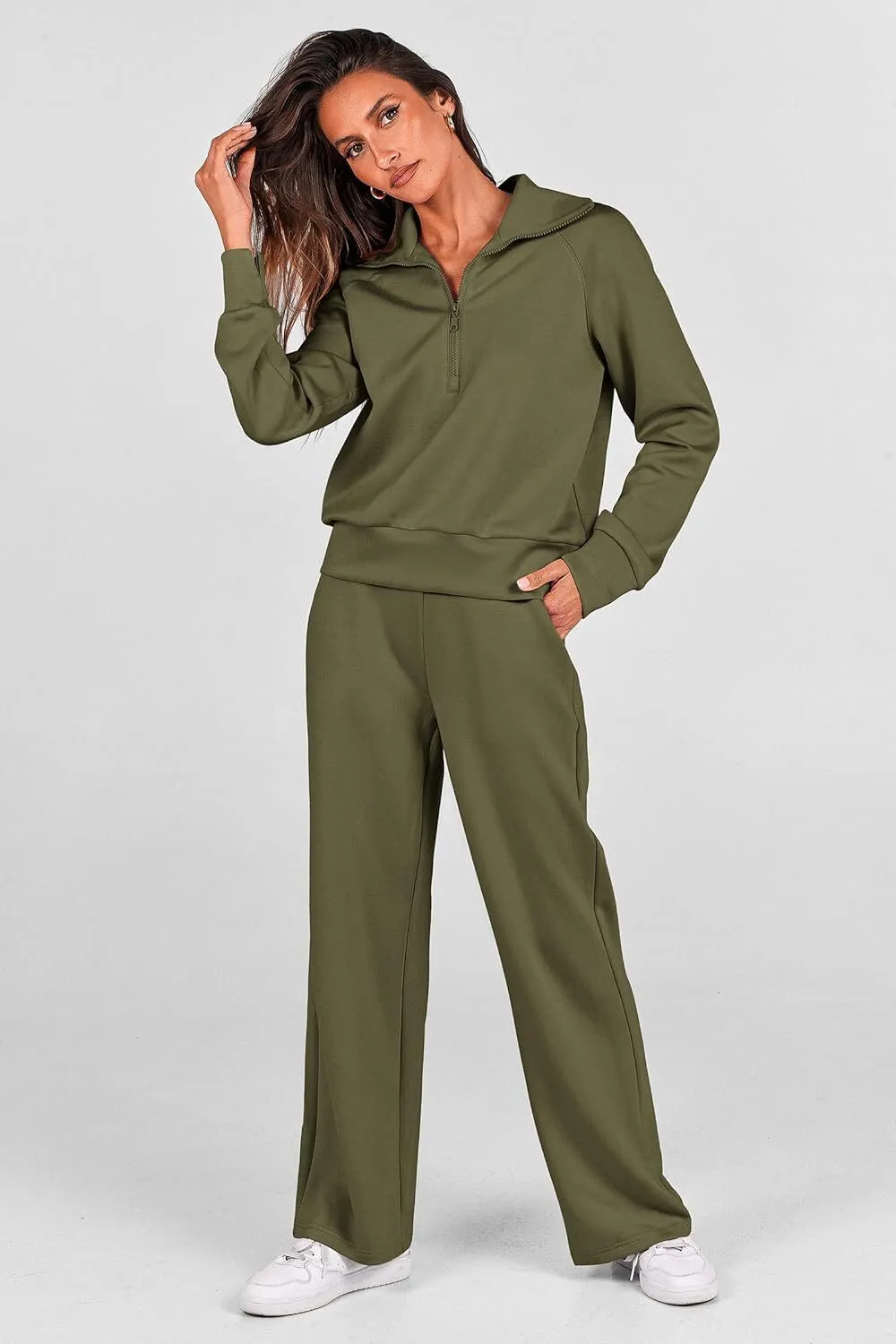 🔥Final Day Clearance!🛒Women's 2 Piece Outfits Casual Lapel Half Zip Sweatshirts And Wide Leg Pants Tracksuit Sets