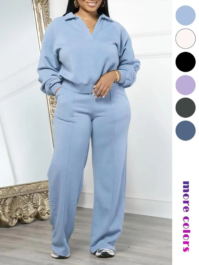 Women's Solid Long Sleeve Sweatshirt & Drawstring Waist Pants Set