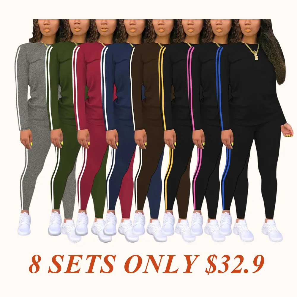 Women's Striped Print Long Sleeve Top & Pants Two-piece Set