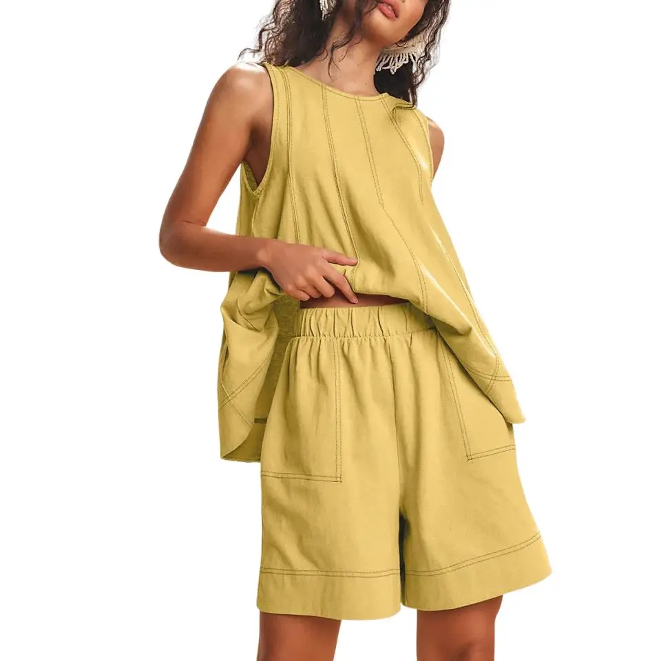 Womens 2 Piece Outfits Sleeveless Matching Sets A Line Tank Tops Contrast Stitching High Waist Shorts with Pockets