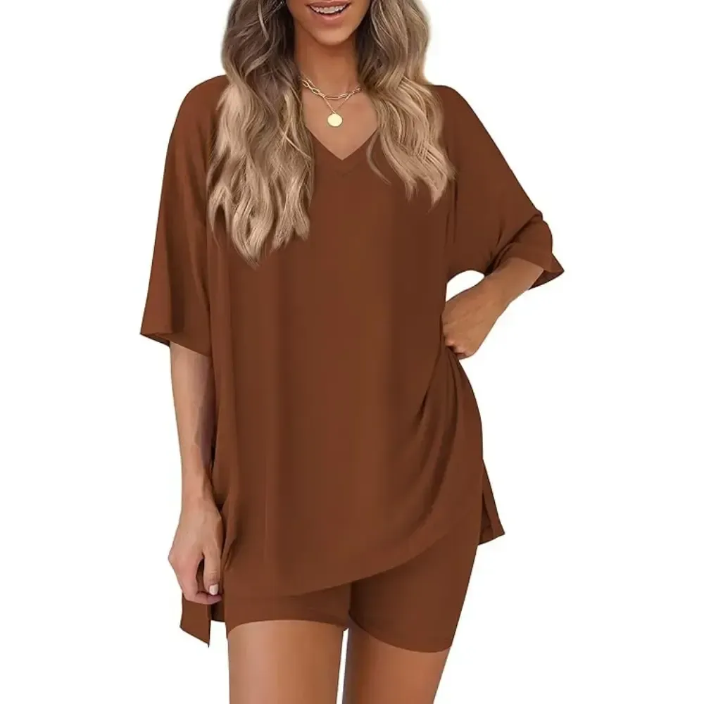 Crewneck Two-Piece Set For Women Summer Casual Oversized Split Hem Shirts