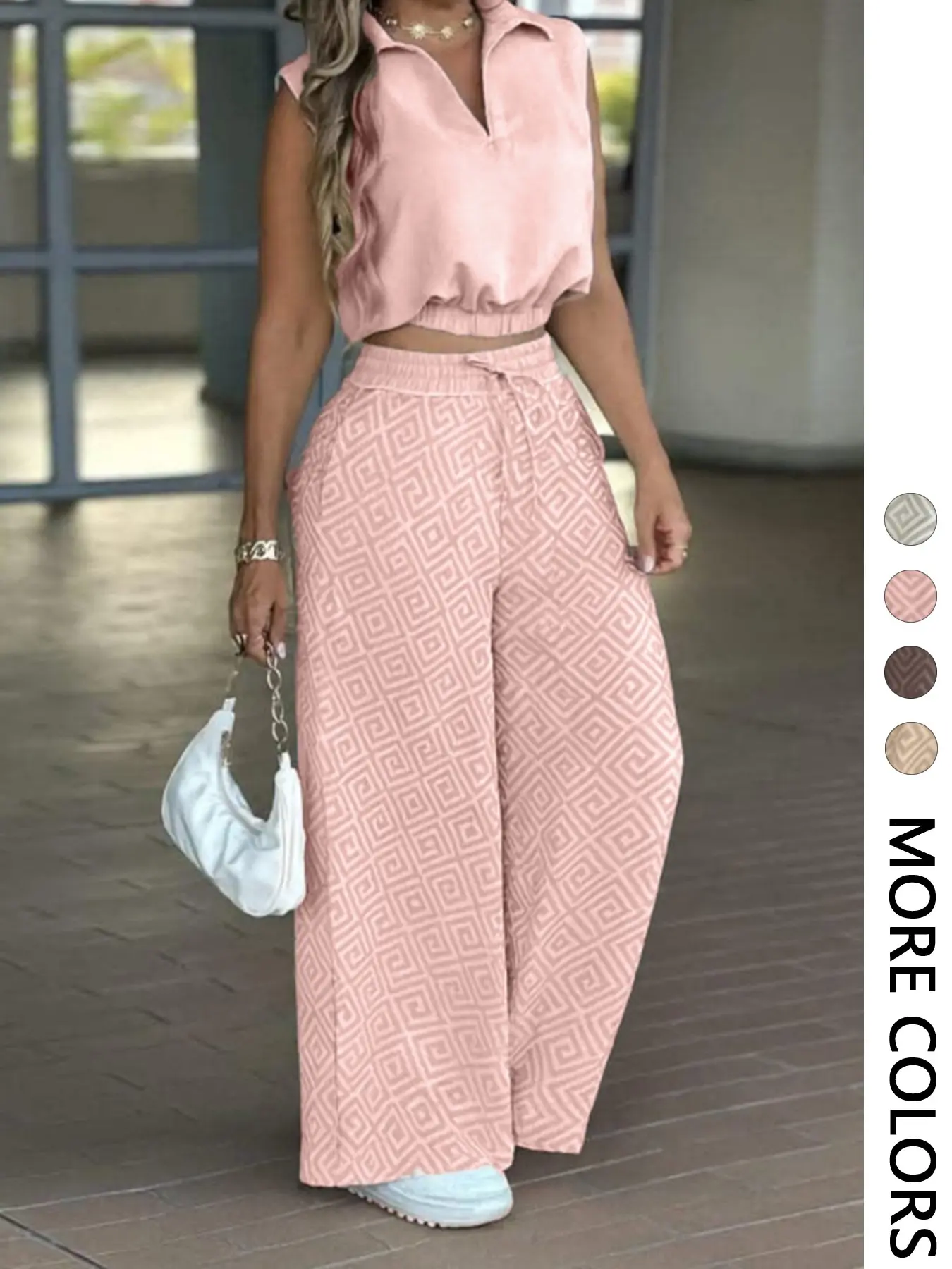 Women's Casual Commuter Set, Sleeveless Collared Waist-Defined Crop Top with High-Waisted Drawstring Wide-Leg Pants