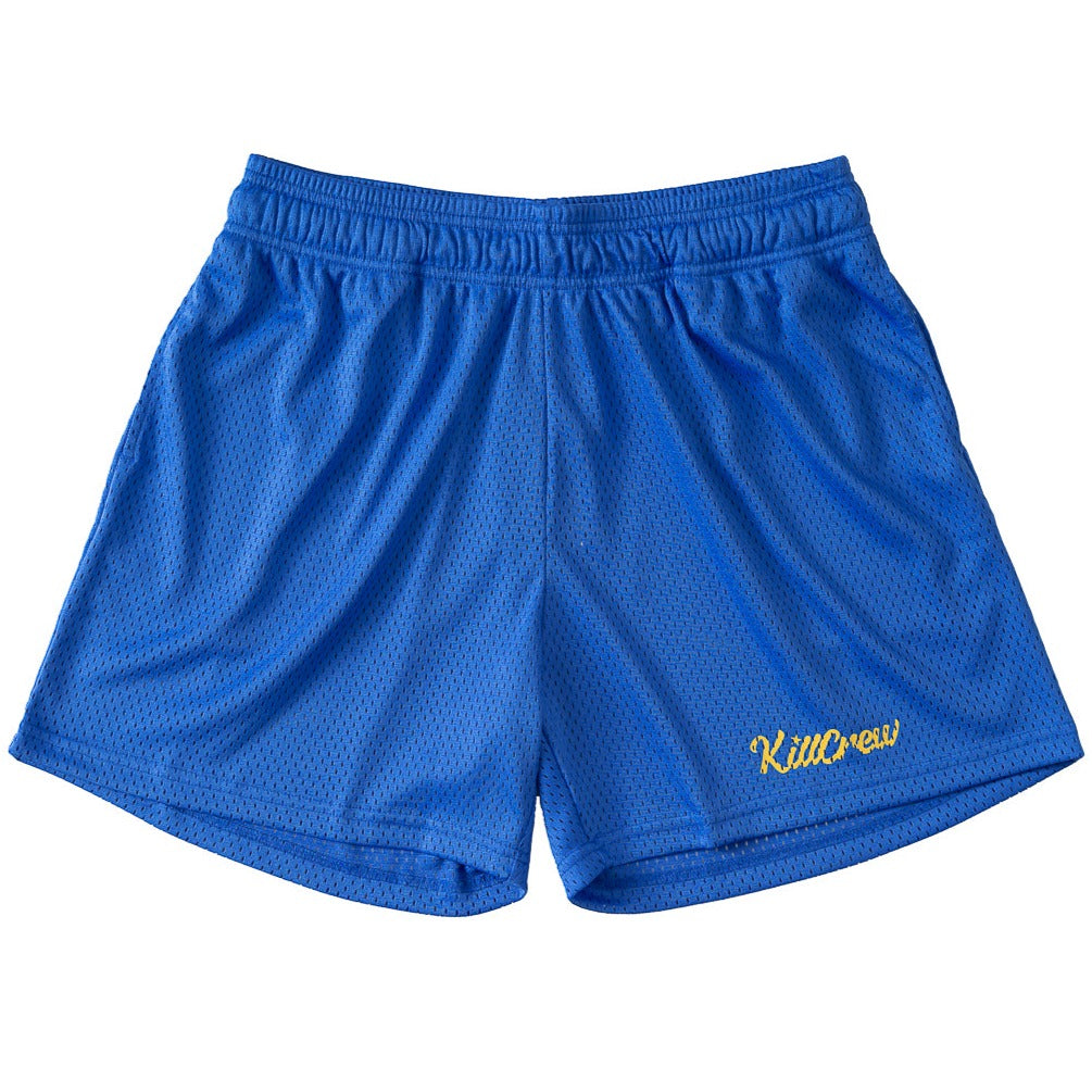 VENTED MESH SHORTS SCRIPT - BLUE / GOLD