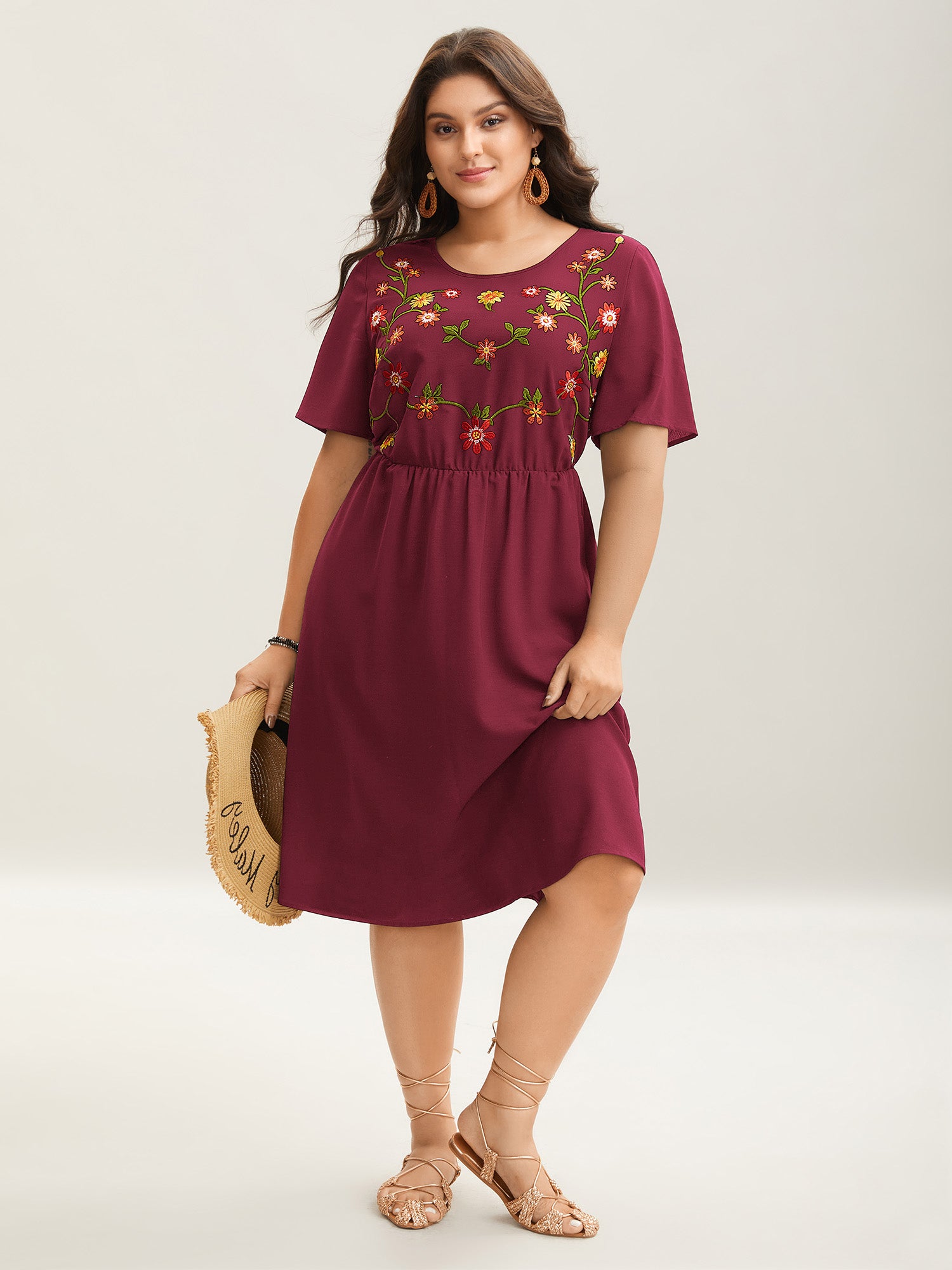 Floral Embroidered Waist-Cinched Midi Dress