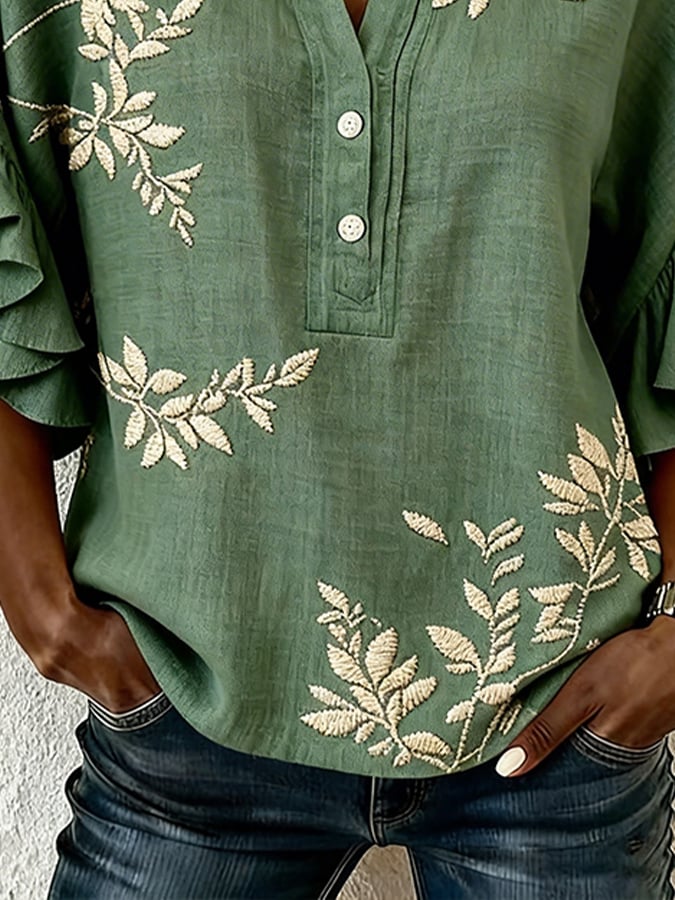 Women's Casual V-Neck Printed Cotton-Linen Top