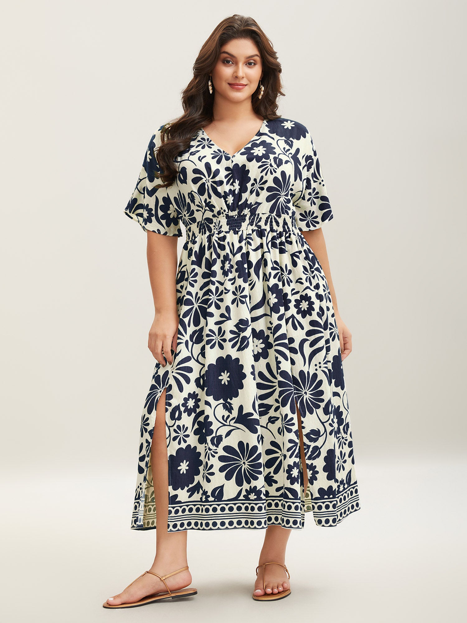 Large Floral Print Pockets Midi Dress