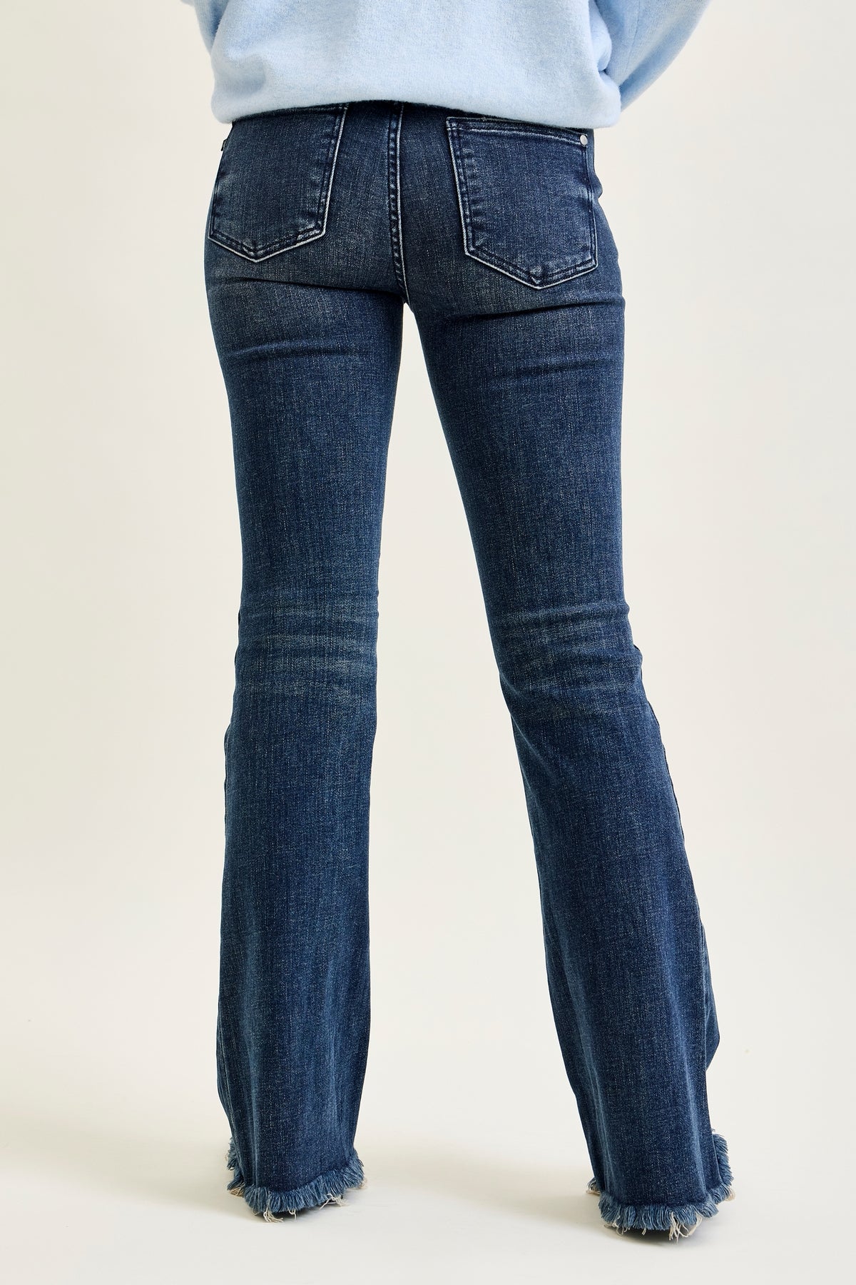 Amanda Mid Rise Flare Jeans with Distressed Knee & Frayed Hem