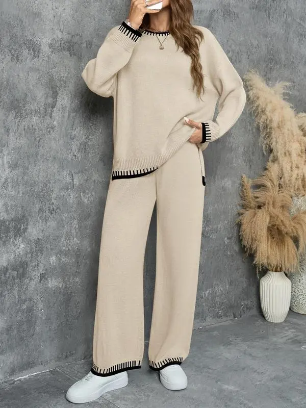 Women's Round Neck Colorblock Sweater Top and Long Sweatpants Set