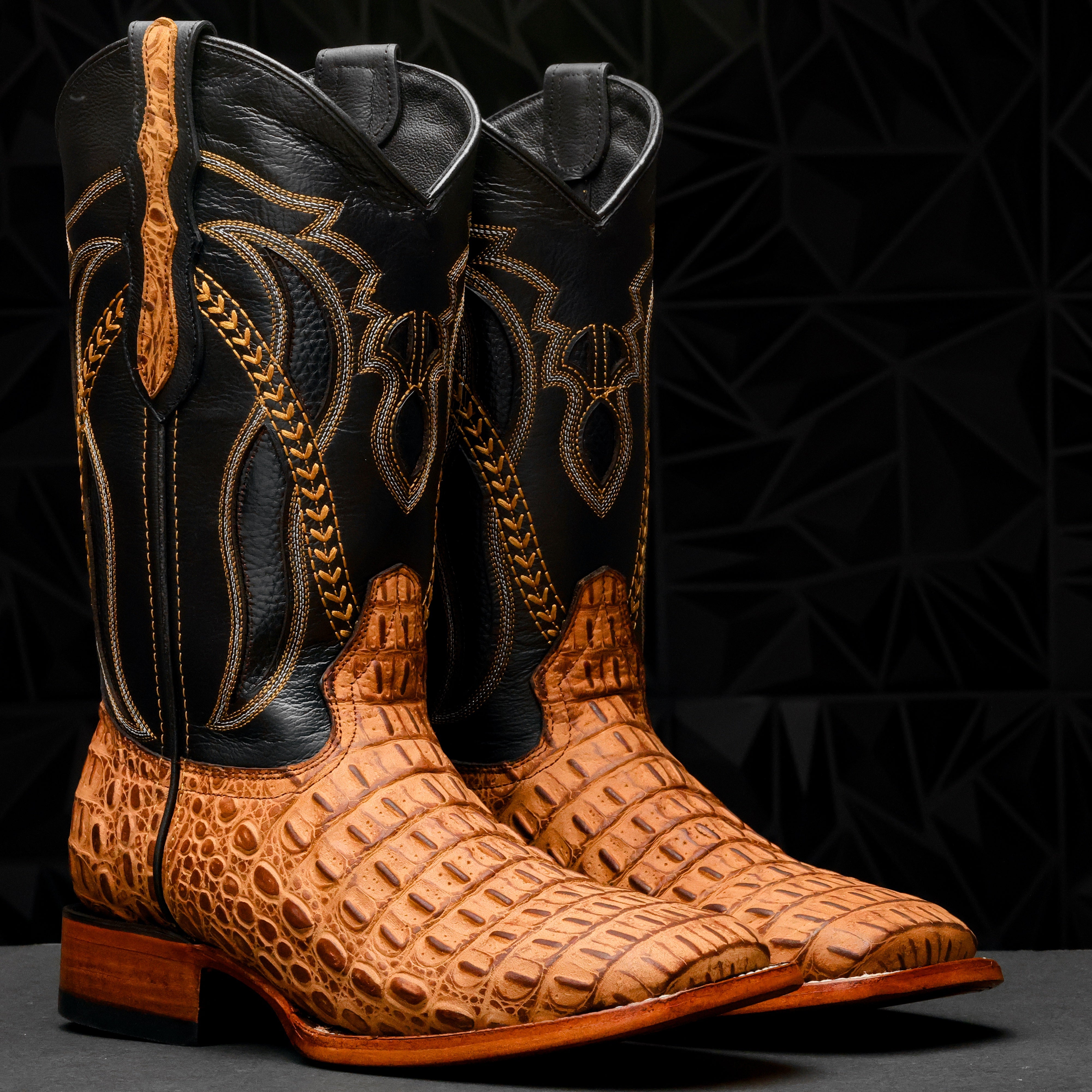 Matte Honey Caiman Hornback Leather Boots - Square Toe