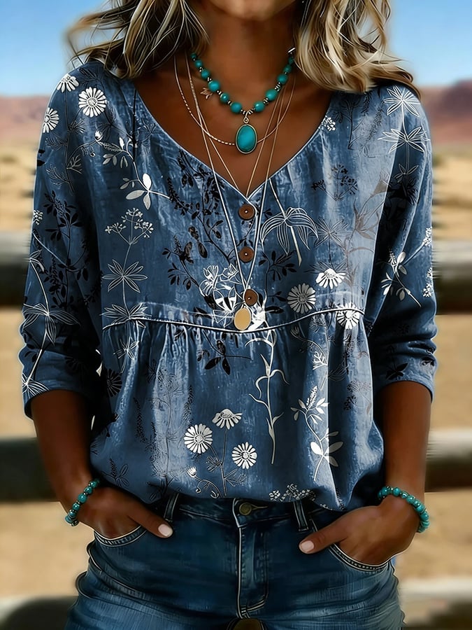 Women's Patchwork Cotton-Linen Western-Style Retro Top