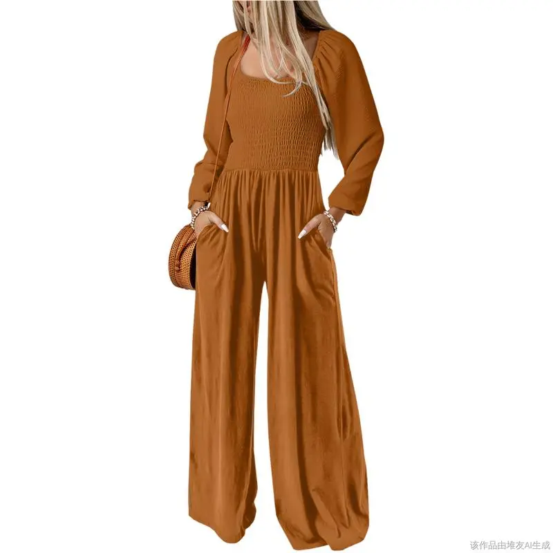 Women's Casual Loose Overalls Jumpsuits One Piece Long Sleeve Wide Leg Long Pant Rompers With Pockets