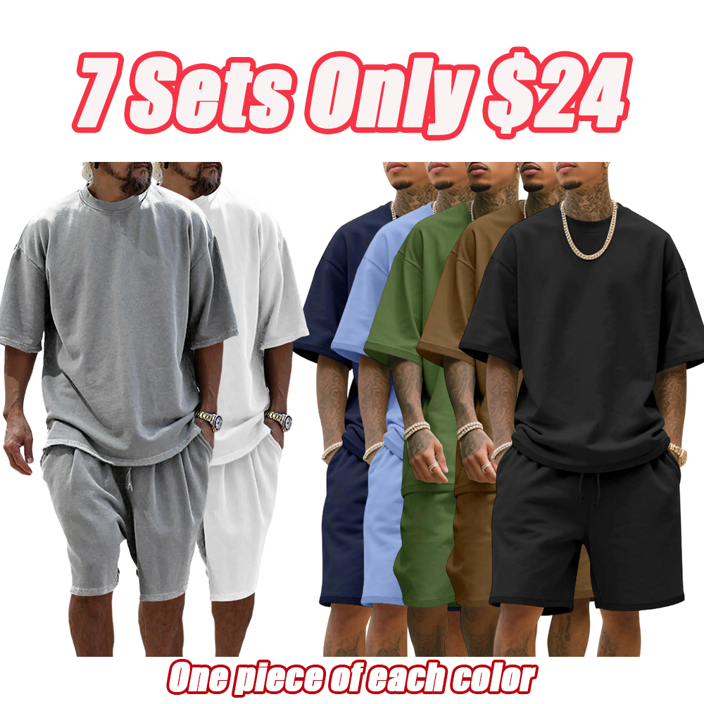 Men's Summer Casual Set, Pure Color Round Neck Short Sleeve Knit Tee & Shorts