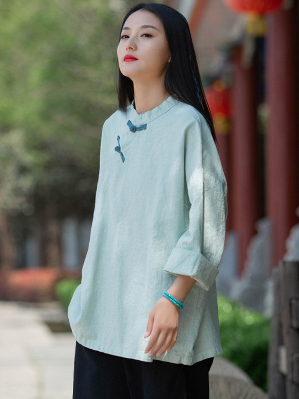Vintage Linen Frog Loose Long Sleeve Shirt Tops