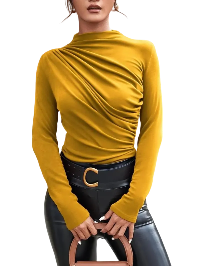 Women's solid color pleated turtleneck T-shirt