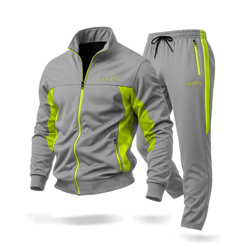 Men's casual stand-up collar jacket paired with sweatpants, breathable and comfortable.