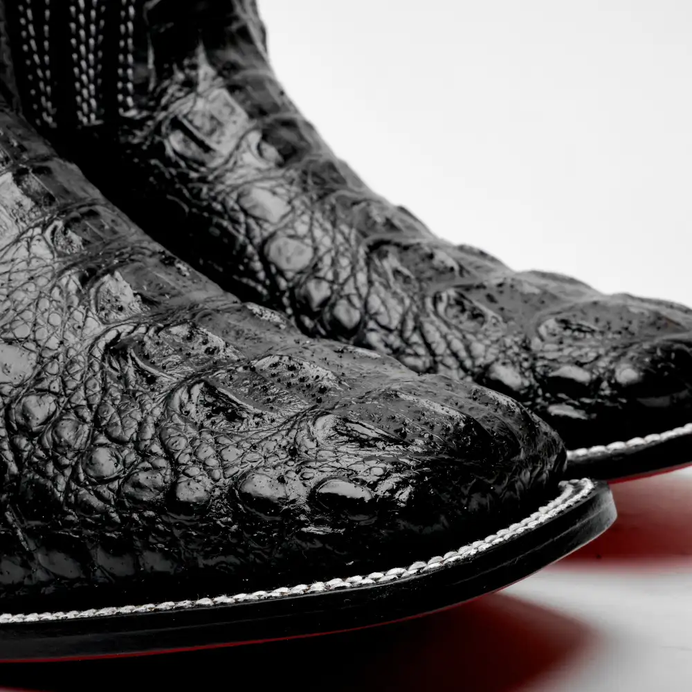 Black Caiman Neck Leather Boots - Square Toe