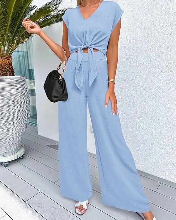 Women's Summer 2 Piece Outfits Cap Sleeve V Neck Belted Crop Tops Wide Leg Pant Sets