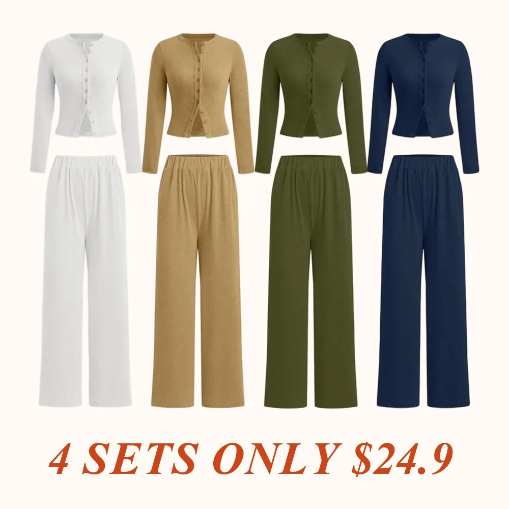Two-piece Set Women's Solid Button Front Ribbed Crop Top & Elastic Waist Pants